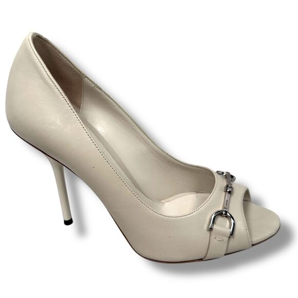 Gucci Peep Toe Horsebit Stiletto Heel Pump Shoes Women 36.5 Beige Leather 247518 - Picture 1 of 10